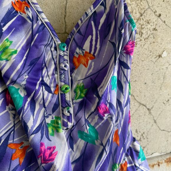 Vintage 80s 90s Floral Peplum One Piece Swimsuit M Purple Modest Pinup Skirted - Picture 3 of 8